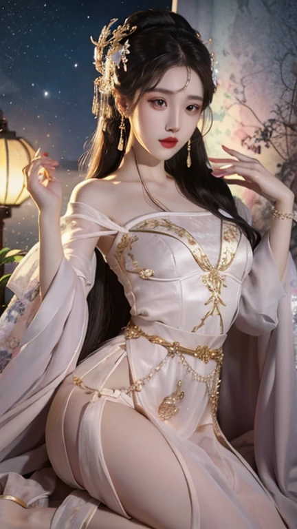 ((Knee shot)), red lips, mature woman, Exquisite makeup, national style, realistic、Real picture、((As a matter of fact:1.5))、White Phalaenopsis around the hair,lilac orchid、White Lily、1 woman、brown hair、Flowing hair、Plump breasts, Slim shape, sexy legs, charming legs,Dress open to pussy, Elegant sexy poses, has a very beautiful face、Hairpin on the head、perfect hand、(nighttime、moon、cliff)、 vector art、Chinese contemporary art、soft light、look down