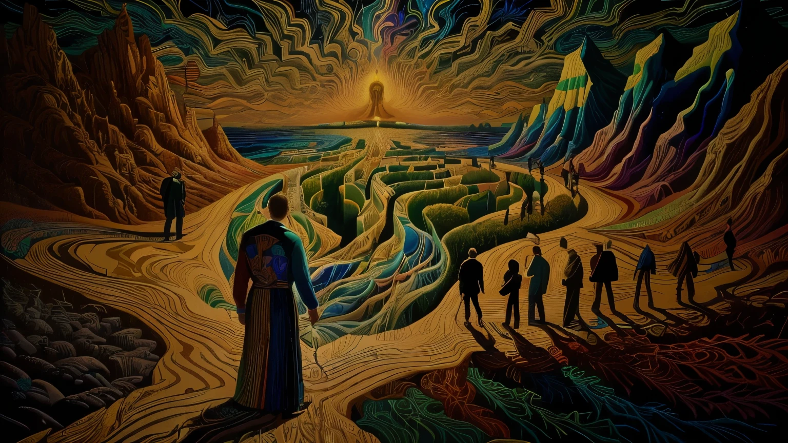 painting of a man standing in front of a painting of a group of people, dan mumford and alex grey style, el bosco and dan mumford, painting by dan mumford, in the style dan mumford artwork, dan mumford and albert bierstadt, by Dan Mumford, in the art style of dan mumford, inspired by Dan Mumford, coloured woodcut, dan mumford paint