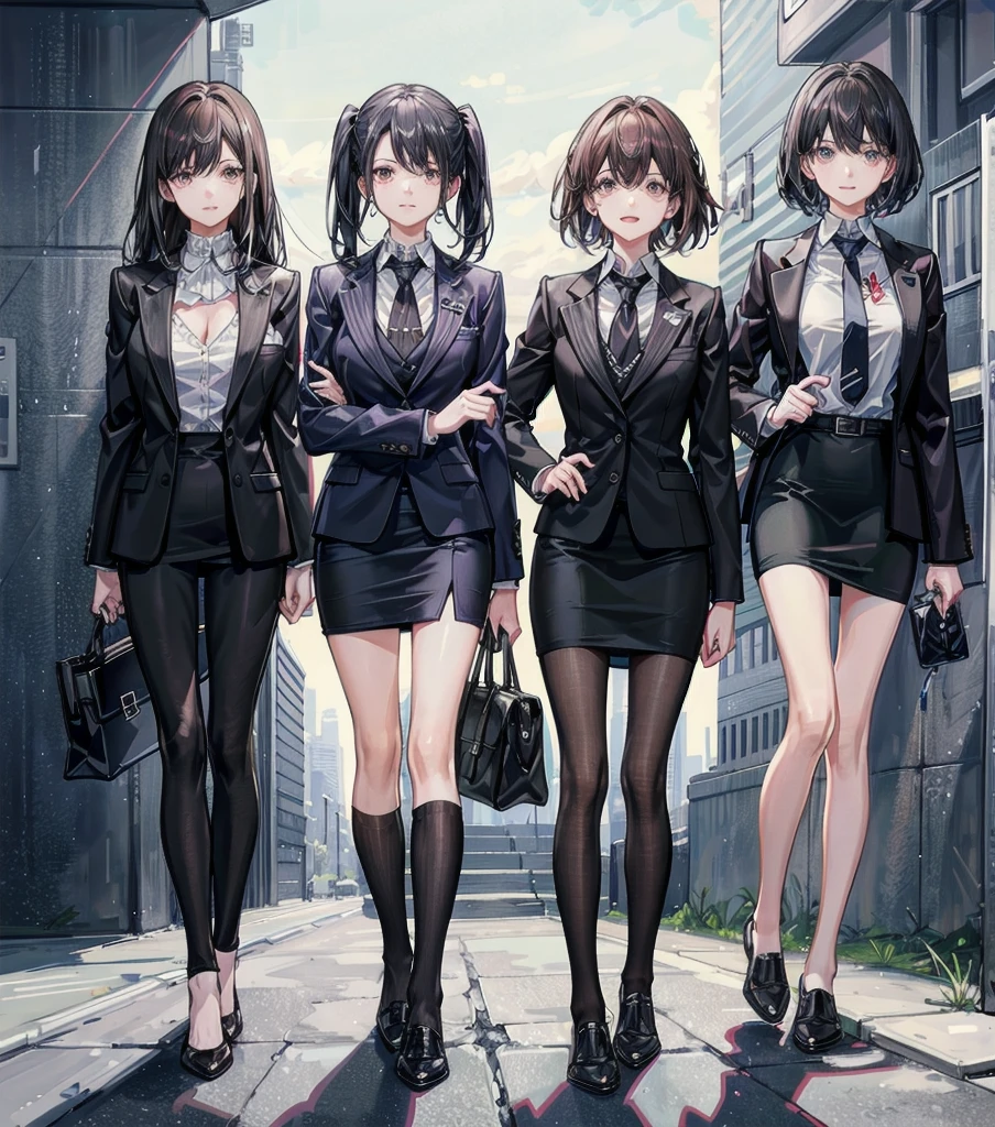 full body, medium tits, medium hair, black hair, tearful mole, earring, 3girls, different clothes, business suit, blazer, pencil skirt, collarbone, shirt, tie,