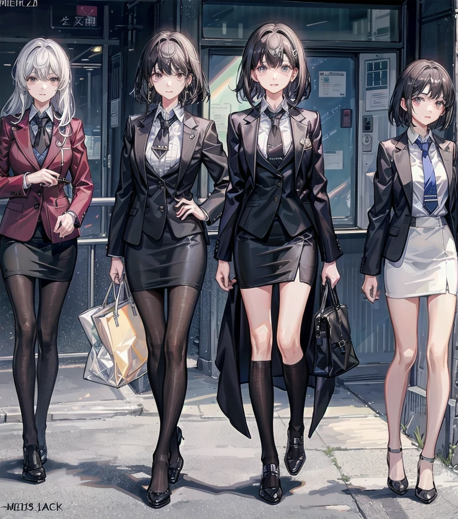 full body, medium tits, medium hair, black hair, tearful mole, earring, 3girls, different clothes, business suit, blazer, pencil skirt, collarbone, shirt, tie,