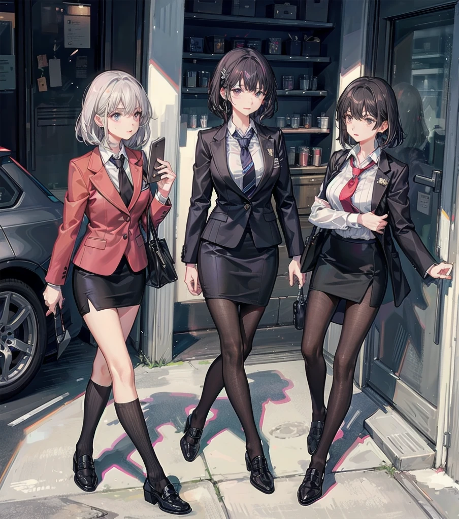 full body, medium tits, medium hair, black hair, tearful mole, earring, 3girls, different clothes, business suit, blazer, pencil skirt, collarbone, shirt, tie,