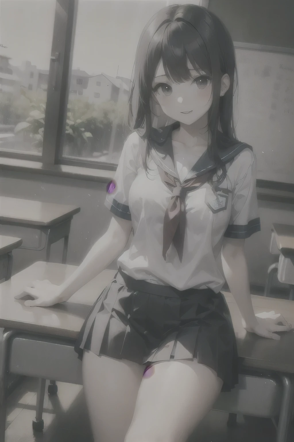 True to prompts、Highest Resolution、 girls、Black Haired Beautiful Girl、Short-sleeved uniform、Thin fabric uniforms、No bra、Collarbone in full view、Waistline、Navy Skirt、Sexy thighs、School、classroom