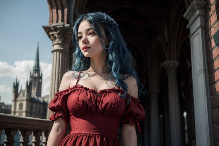 woman blue hair with wavy hair, wearing red dress, gothic arquitecture in the background