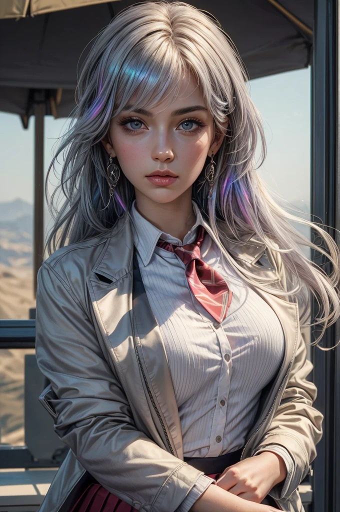 (ultra realistic,32k, masterpiece:1.2),(high detailed skin:1.1), 8k uhd, dslr, high quality, (thick\lips\),
aakay,long hair,saunders ,blazer,grey jacket,long sleeves,open jacket,wing collar,white shirt,necktie,red skirt,white thighhighs,, , small, nipple protrude,breast,
(looking at viewer, portrait:1.1),,upper body,
,(iridescence:1.1), mind-linking network, telepathic communication, shared consciousness, collective knowledge
