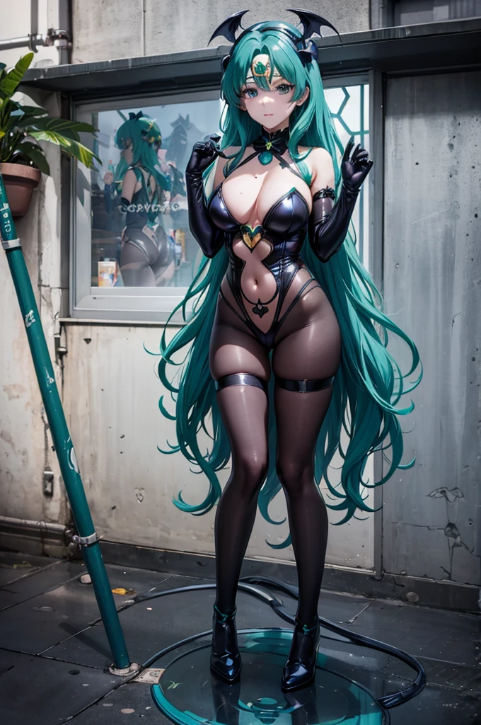 SailorNeptune. solo. Aqua color hair. Smirk. Empty Eyes. dark costume. Transparent Bodystocking. shout. dark costume. corruption. bat hair ornament. bat motif black eye mask. Black headphone. succubus-style. squat pose