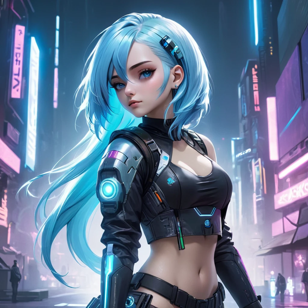 (masterpiece, best quality:1.2), 1girl, solo, Kaslin, cyberpunk girl, light blue hair
