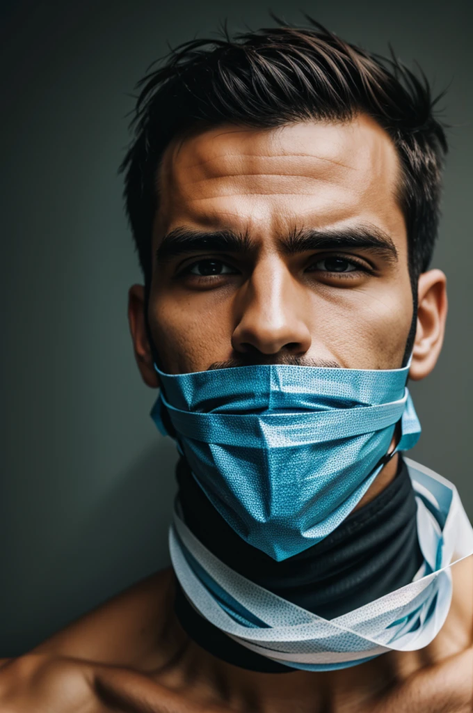 man with tape wrapped around mouth