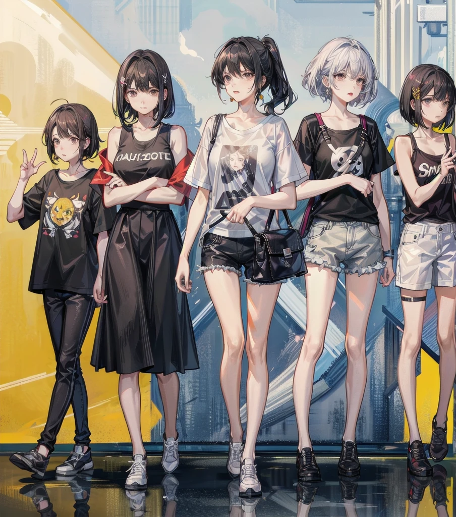 full body, medium tits, medium hair, black hair, tearful mole, earring, 3girls, different clothes, t-shirt, tank top, Hot Pants,
