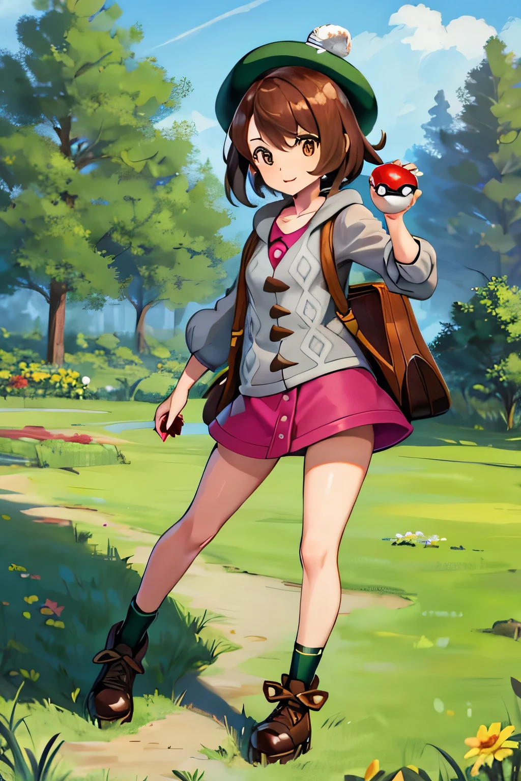 masterpiece, best quality, highres, gloria1, 1girl, gloria \(pokemon\), poke ball \(basic\), brown hair, solo, holding poke ball, backpack, brown eyes, tam o' shanter, grey cardigan, pink dress, short hair, green socks, socks, brown bag, bob cut, bangs, long sleeves, collared dress, field, grass, full body, boots,