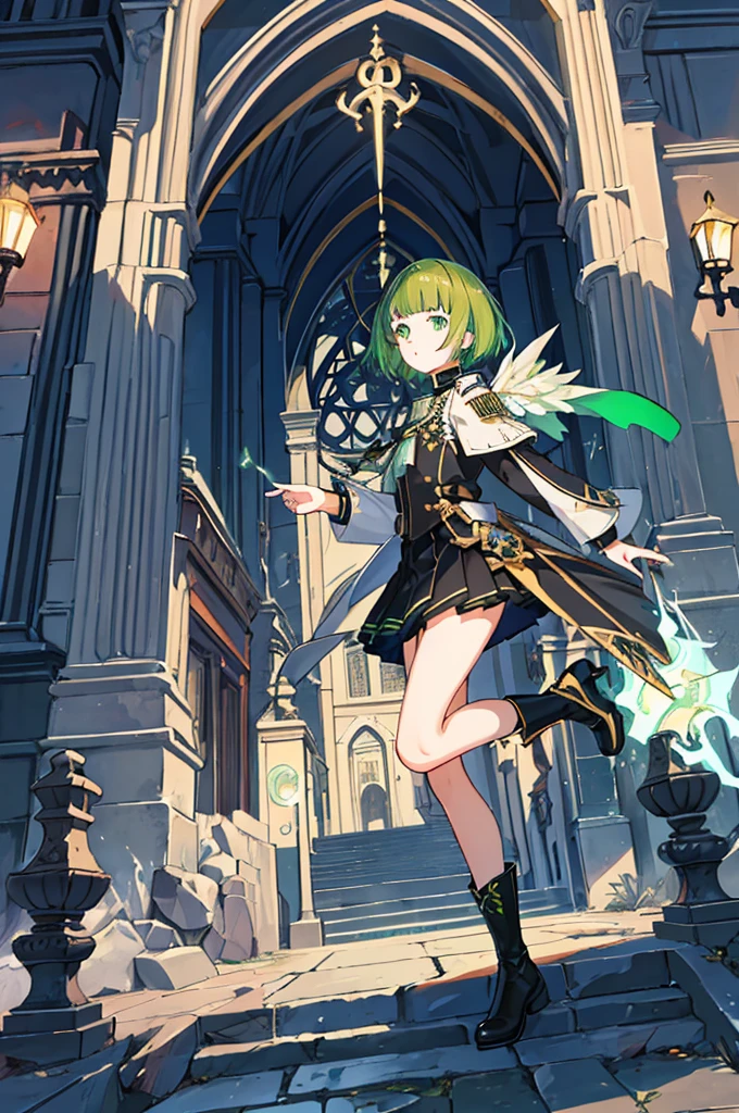 [(with a cathedral background:1.4)::5],original,(shape:1.1),(highest quality),(Tabletop:1.1),(Highly detailed CG Unity 8k wallpaper:1.1), (colorful:0.9),(Mid Shot:0.95),(very detailed beautiful whole body),Dynamic Angle,(alone:1.2), (girl),(((Adult))), (Beautiful eyes in every detail:1.15), (Beautiful Face:1.15), (Glowing green eyes:1.25////),(Gemstone Eyes),(Green Short Hair),(Blunt bangs),((The girl wear a black knight uniform)),Realistic,, girl,Green Hair,((Black long boots)), Black mini skirt,Black knee socks(rage),(Contempt and contempt),rage,(beautiful slender girl),((Adult)),((whole body)),Valkyrie, Decorations,((Thin legs)),((slender girl)),Front Angle,Front Angle,(night),