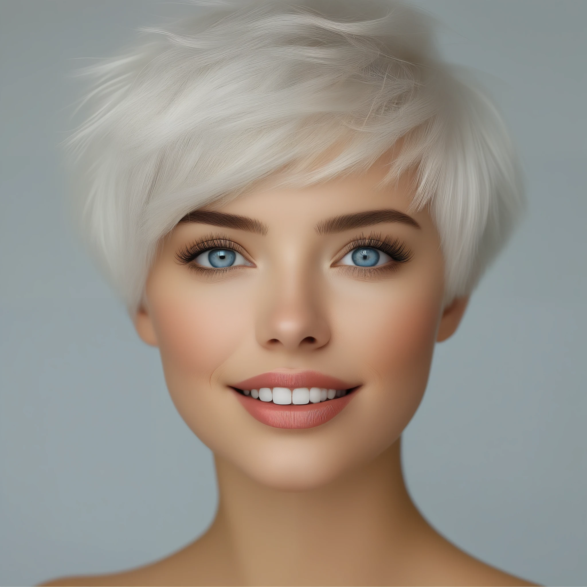 bellissima 1girl, solo, looking at viewer, short hair, open mouth, blue eyes, simple background, white hair, teeth, grey background, lips, eyelashes, portrait, close-up, realistic, nose