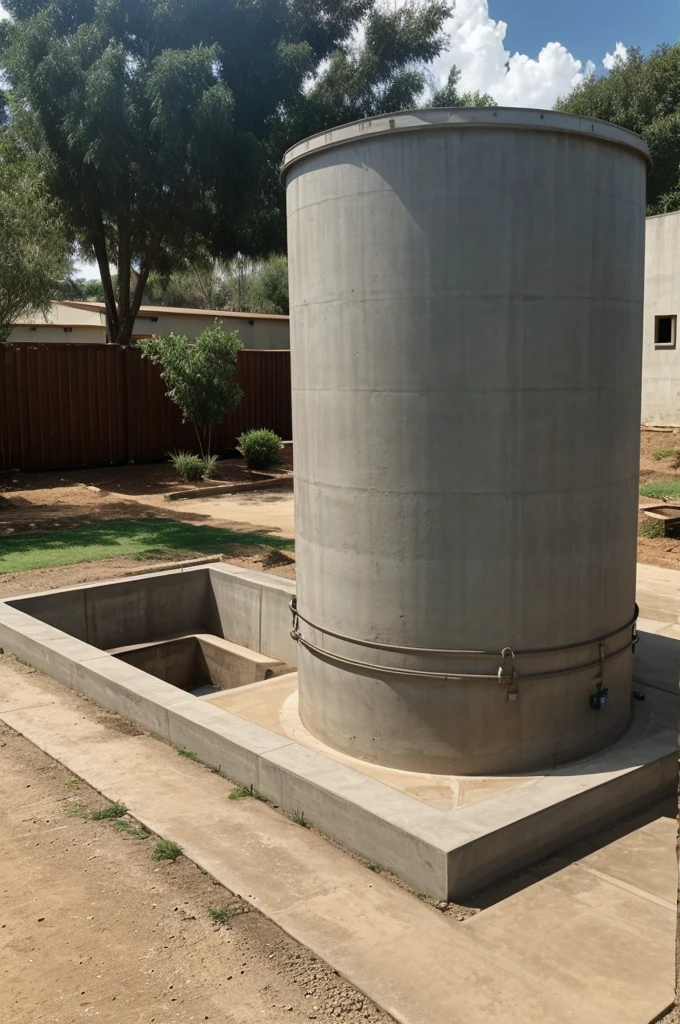 A cement tank created to store rainwater and the tank is on the ground not elevated
