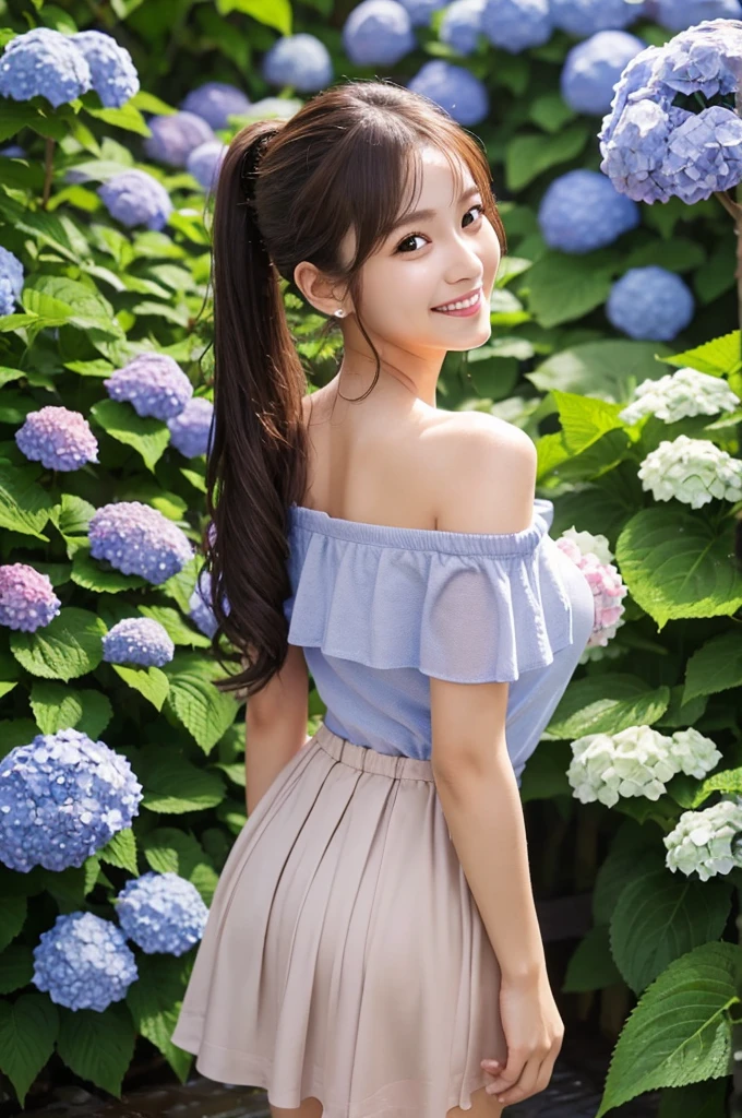 Photo realistic, 1girl, off shoulder dress, hydrangea, after the rain, 1girl, wet, hydrangea, rain, dark tone, 1woman, idol, ponytail, brown hair, t-shirt, ruffled skirt park, smile