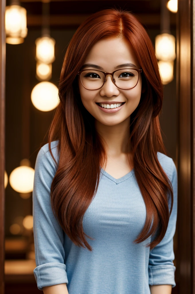 masterpiece, Best Quality, high resolution, extremely detailed, detailed background, cinematic lighting, 1 girl red hair brunette, 1 brown hair asian girl  , 1 boy with glasses smiling, 