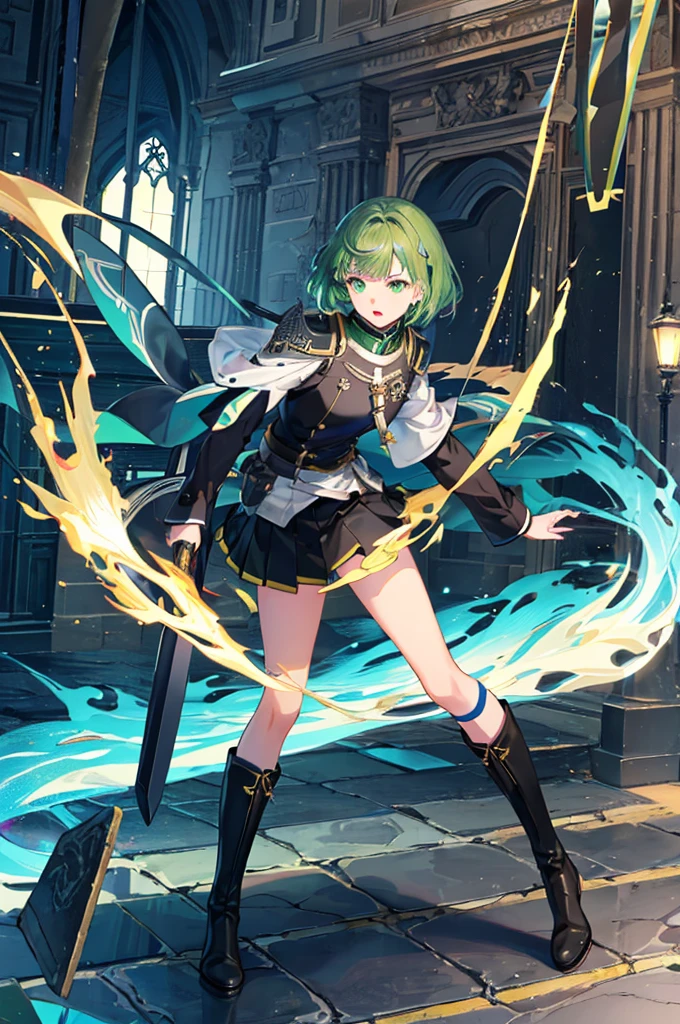 [(with a cathedral background:1.4)::5],original,(shape:1.1),(highest quality),(Tabletop:1.1),(Highly detailed CG Unity 8k wallpaper:1.1), (colorful:0.9),(Mid Shot:0.95),(very detailed beautiful whole body),Dynamic Angle,(alone:1.2), (girl),(((Adult))), (Beautiful eyes in every detail:1.15), (Beautiful Face:1.15), (Glowing green eyes:1.25////),(Gemstone Eyes),(Green Short Hair),(Blunt bangs),((The girl wear a black knight uniform)),Realistic,, girl,Green Hair,((Black long boots)), Black mini skirt,Black knee socks(rage),(Contempt and contempt),rage,(beautiful slender girl),((Adult)),((whole body)),Valkyrie, Decorations,((Thin legs)),((slender girl)),Front Angle,Front Angle,
