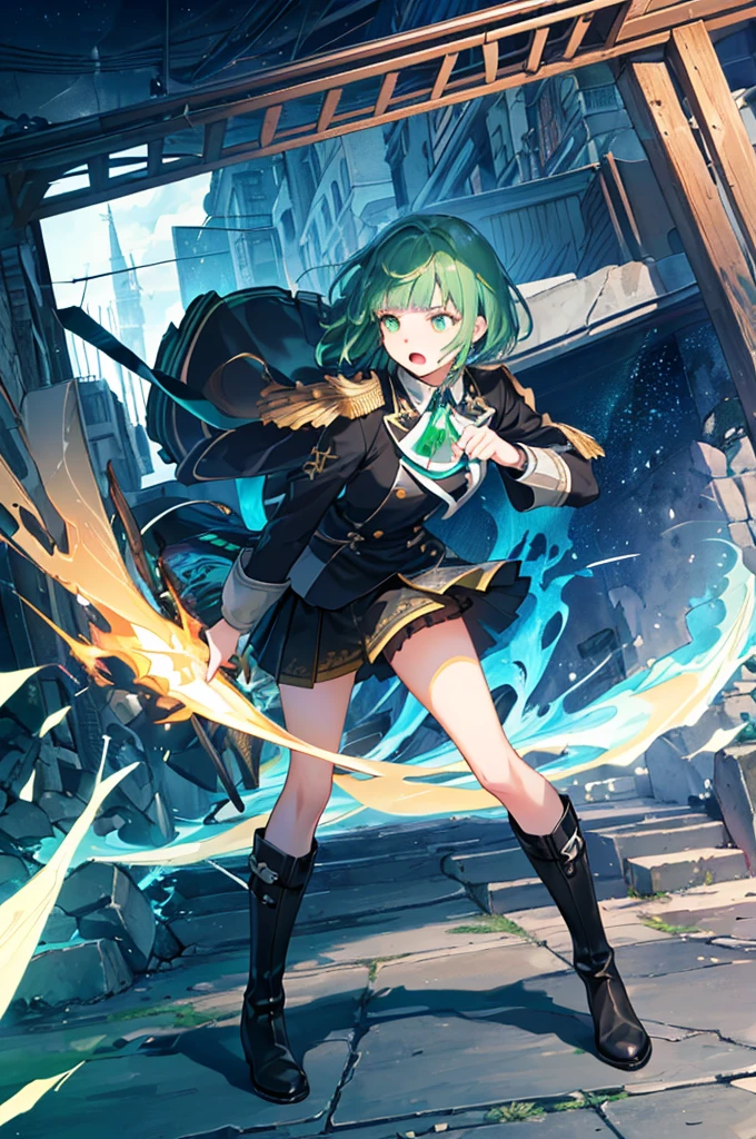 [(with a cathedral background:1.4)::5],original,(shape:1.1),(highest quality),(Tabletop:1.1),(Highly detailed CG Unity 8k wallpaper:1.1), (colorful:0.9),(Mid Shot:0.95),(very detailed beautiful whole body),Dynamic Angle,(alone:1.2), (girl),(((Adult))), (Beautiful eyes in every detail:1.15), (Beautiful Face:1.15), (Glowing green eyes:1.25////),(Gemstone Eyes),(Green Short Hair),(Blunt bangs),((The girl wear a black knight uniform)),Realistic,, girl,Green Hair,((Black long boots)), Black mini skirt,Black knee socks(rage),(Contempt and contempt),rage,(beautiful slender girl),((Adult)),((whole body)),Valkyrie, Decorations,((Thin legs)),((slender girl)),Front Angle,Front Angle,