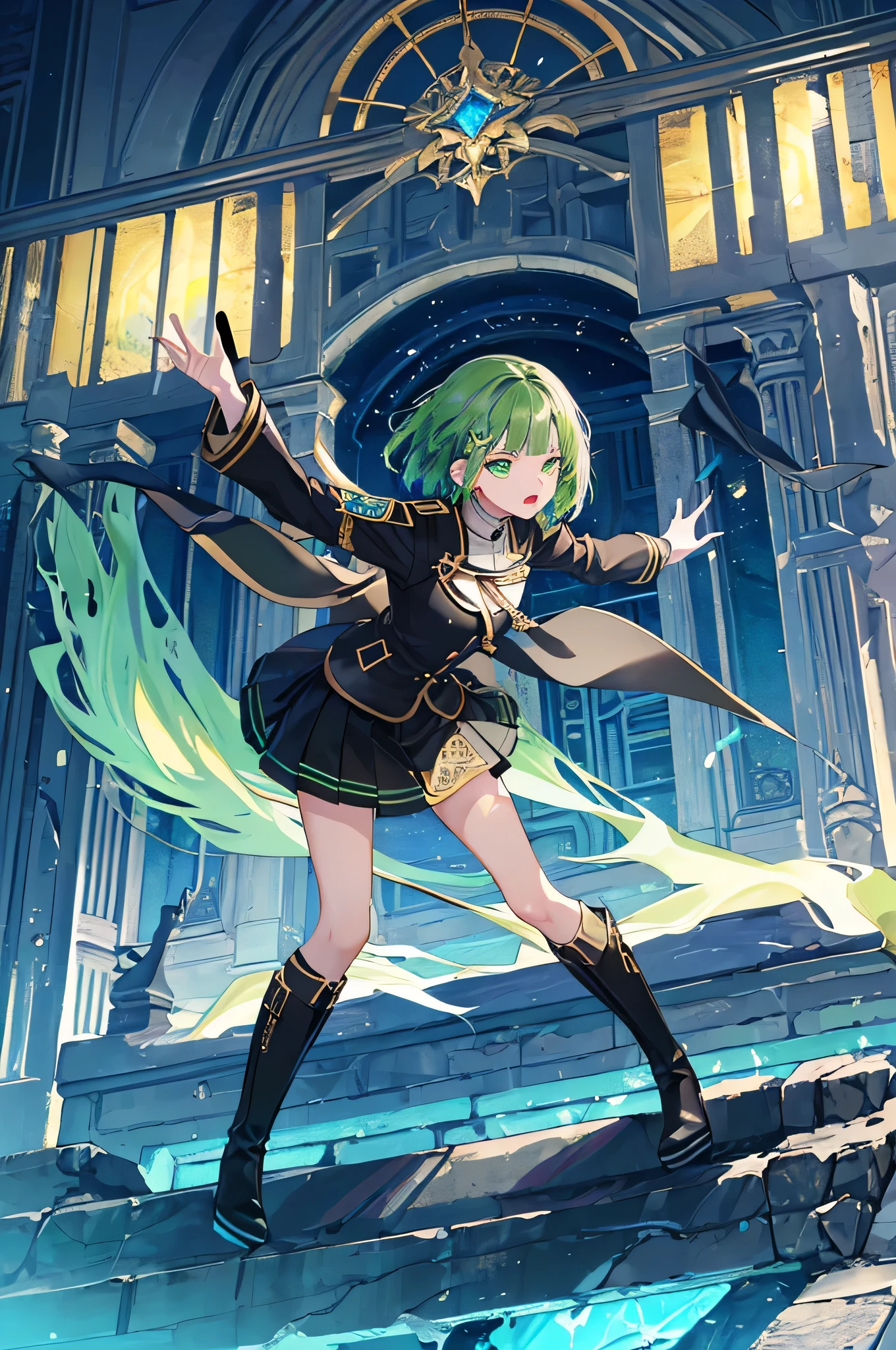 [(with a cathedral background:1.4)::5],original,(shape:1.1),(highest quality),(Tabletop:1.1),(Highly detailed CG Unity 8k wallpaper:1.1), (colorful:0.9),(Mid Shot:0.95),(very detailed beautiful whole body),Dynamic Angle,(alone:1.2), (girl),(((Adult))), (Beautiful eyes in every detail:1.15), (Beautiful Face:1.15), (Glowing green eyes:1.25////),(Gemstone Eyes),(Green Short Hair),(Blunt bangs),((The girl wear a black knight uniform)),Realistic,, girl,Green Hair,((Black long boots)), Black mini skirt,Black knee socks(rage),(Contempt and contempt),rage,(beautiful slender girl),((Adult)),((whole body)),Valkyrie, Decorations,((Thin legs)),((slender girl)),Front Angle,Front Angle,