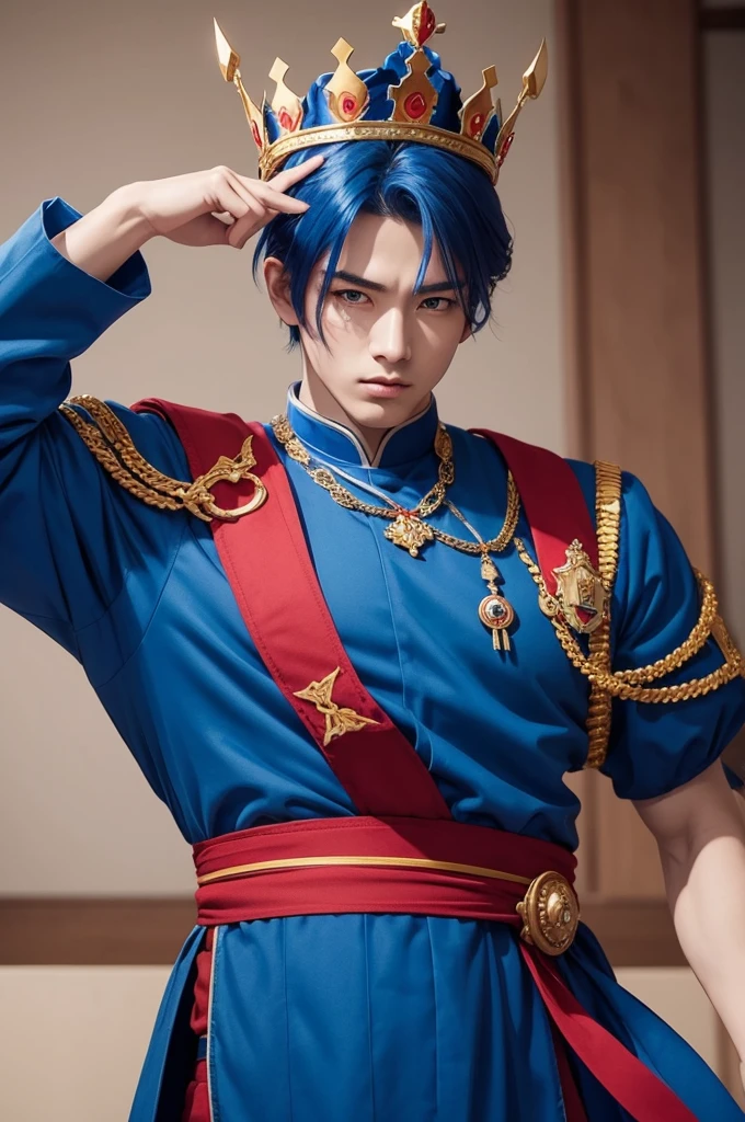 Im emperor, wearing a blue outfit with red details, wears crown, He's muscular, he has a sword, the drawing is anime style 