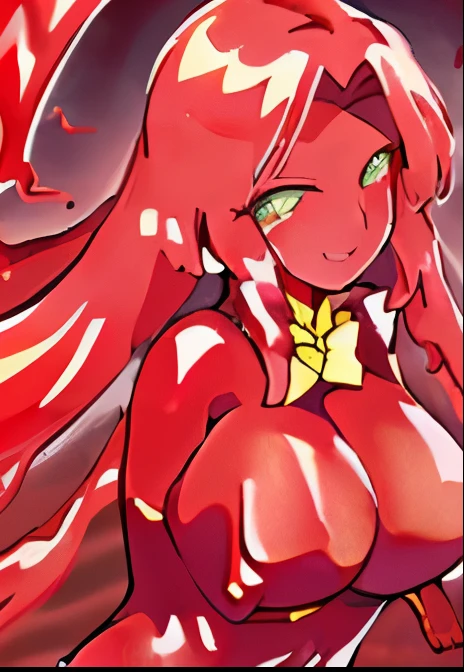 (masterpiece,best quality,ultra-delicate,Perfect Face,16k,high resolution,very beautiful woman),Red Slime Body, Green Eyes, Yellow bow tie,jamanen:1.3,((melting body,Melting legs, melting hair,melting breasts)) ,(Big Breasts),Long Hair,Shiny body,red Muddy caves,smiling,anime style