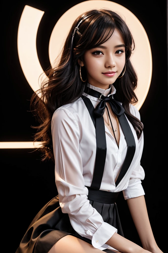 anime,black background with purple lighting,Women,ager 17 yilla skin,long brown wavy hair,honey colored eyes with long eyelashes,soft pink lips,make-up,dressed in a black suit with a white shirt, black tie, skirt with a black bow at the back, with legwarmers and high-heeled boots with black chains on the sides.,a choker mask on the face half white and half black on the head some black ties on the sides with chains two black clips on the right side and a black headband,symbol on his left leg with a circle and an X above,blood gushing on the left side of his face on his neck and on his right leg,good body,smiling,posing