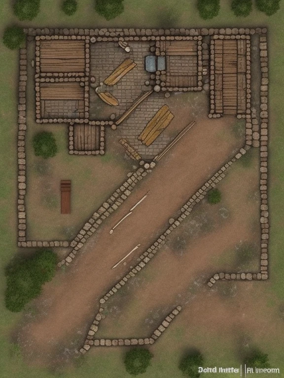 2d dnd battle map, a dark dungeon with torches lighting the place, dirt, old furniture, broken items