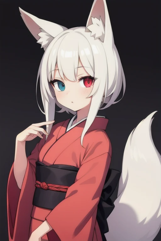 young girl with long grey hair, heterochromia 1 red eye and 1 grey eye, dressed in a kimono with a fox tail and fox ears
