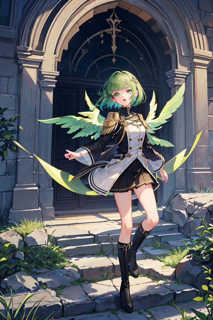 [(with a cathedral background:1.4)::5],original,(shape:1.1),(highest quality),(Tabletop:1.1),(Highly detailed CG Unity 8k wallpaper:1.1), (colorful:0.9),(Mid Shot:0.95),(very detailed beautiful whole body),Dynamic Angle,(alone:1.2), (girl),(((Adult))), (Beautiful eyes in every detail:1.15), (Beautiful Face:1.15), (Glowing green eyes:1.25////),(Gemstone Eyes),(Green Short Hair),(Blunt bangs),((The girl wear a black knight uniform)),Realistic,, girl,Green Hair,((Black long boots)), Black mini skirt,Black knee socks(rage),(Contempt and contempt),rage,(beautiful slender girl),((Adult)),((whole body)),Valkyrie, Decorations,((Thin legs)),((slender girl)),Front Angle,Front Angle,night,
