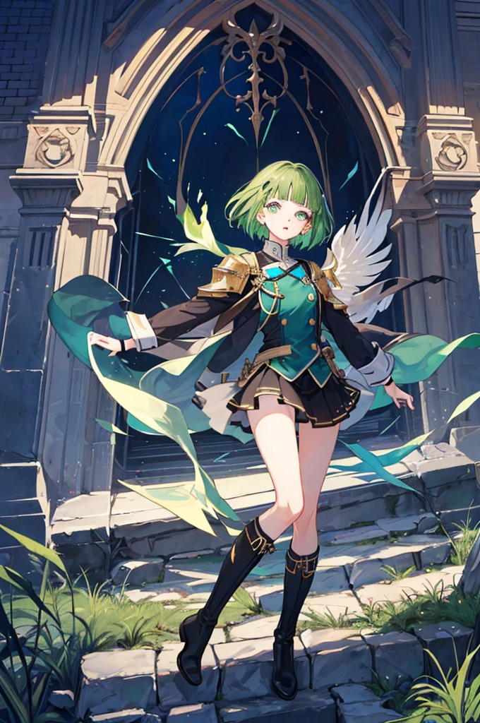 [(with a cathedral background:1.4)::5],original,(shape:1.1),(highest quality),(Tabletop:1.1),(Highly detailed CG Unity 8k wallpaper:1.1), (colorful:0.9),(Mid Shot:0.95),(very detailed beautiful whole body),Dynamic Angle,(alone:1.2), (girl),(((Adult))), (Beautiful eyes in every detail:1.15), (Beautiful Face:1.15), (Glowing green eyes:1.25////),(Gemstone Eyes),(Green Short Hair),(Blunt bangs),((The girl wear a black knight uniform)),Realistic,, girl,Green Hair,((Black long boots)), Black mini skirt,Black knee socks(rage),(Contempt and contempt),rage,(beautiful slender girl),((Adult)),((whole body)),Valkyrie, Decorations,((Thin legs)),((slender girl)),Front Angle,Front Angle,night,
