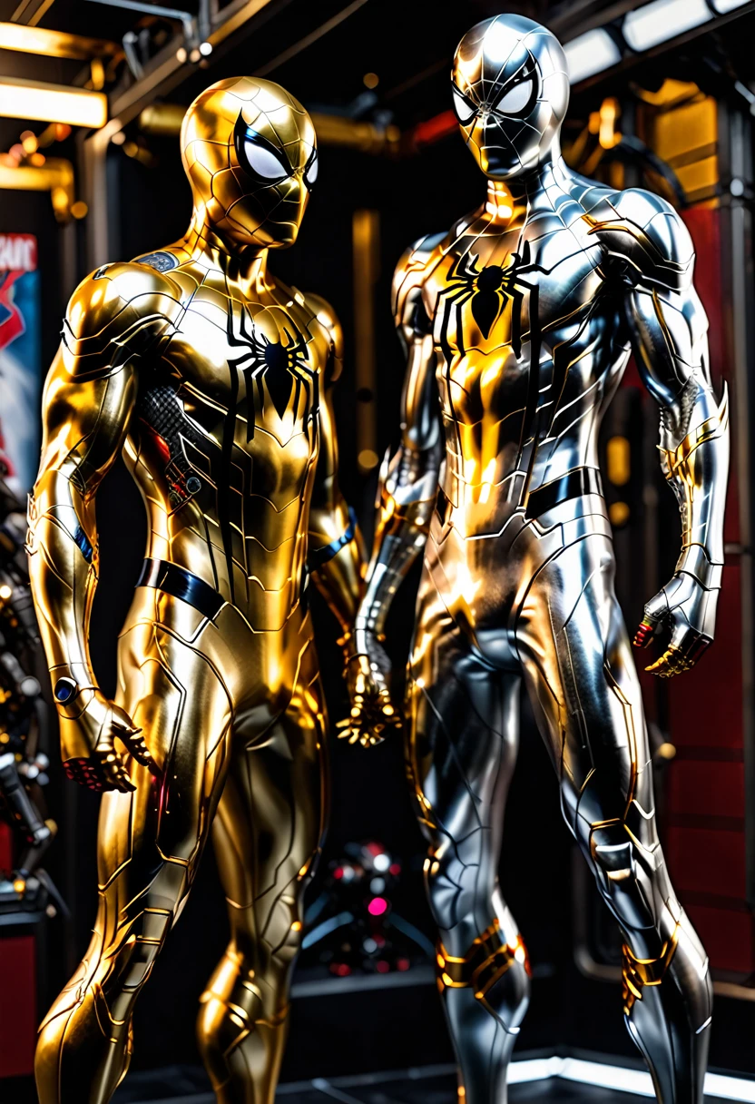 Two Gold and Silver Spider-Man from Marvel Photography, Biomechanics, complex robot, full growth, hyperrealisti, Insane Tiny Details, extremely clean lines, aesthetic cyberpunk, masterpiece featured at Zbrush Central