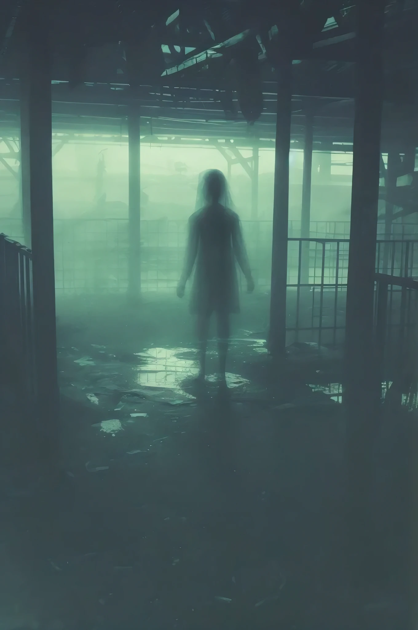 A lonely translucent spirit, detailed ghost figure, abandoned theme park, heavy film grain, glare, cinematic lighting, dark moody atmosphere, haunting, surreal, eerie, horror, dark fantasy