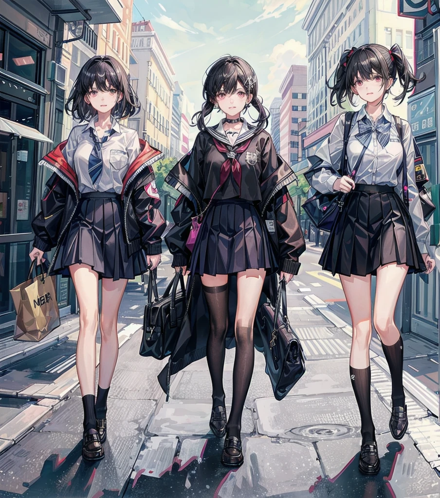 whole body, medium tits, medium hair, black hair, tearful mole, earring, 3girls, different clothes, school_uniform, shirt, skirt,