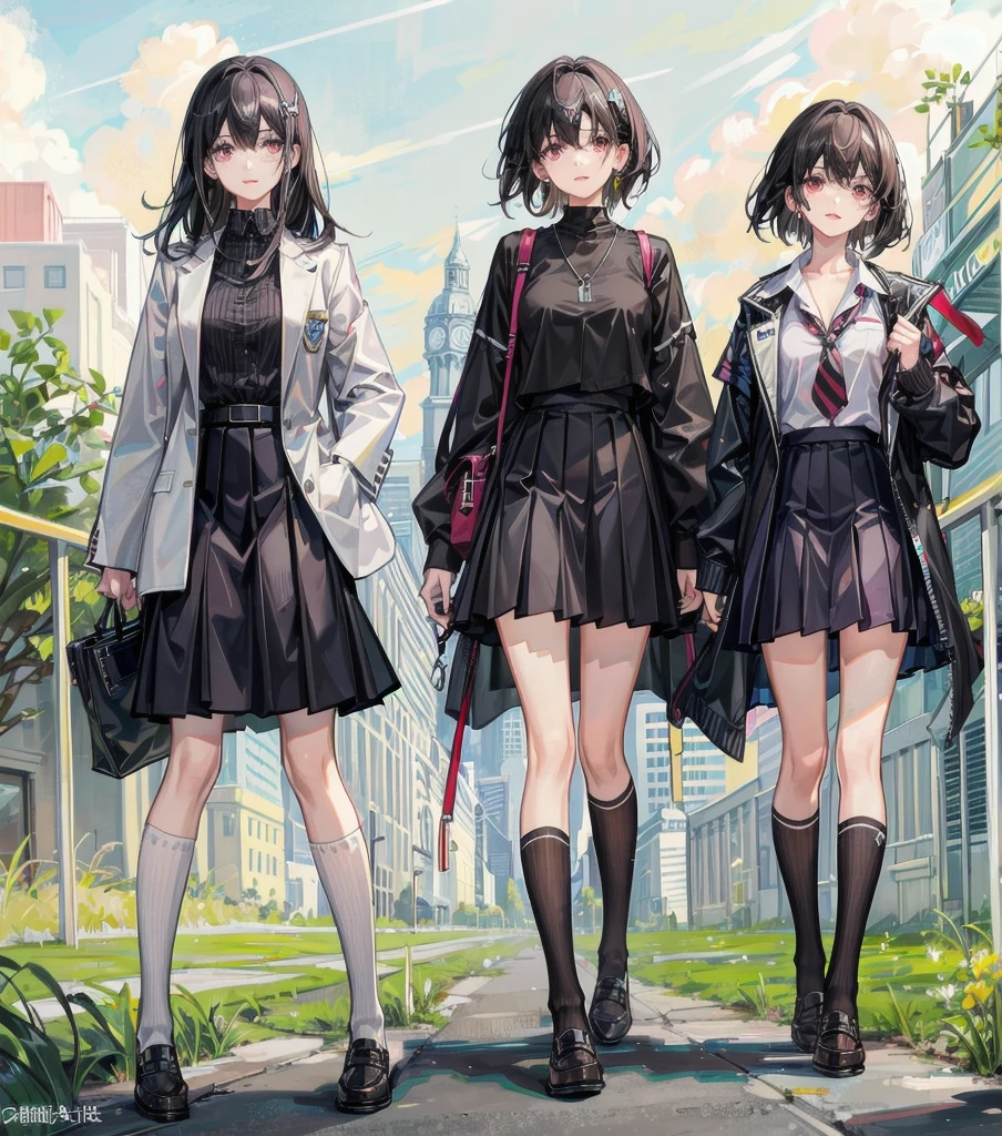 whole body, medium tits, medium hair, black hair, tearful mole, earring, 3girls, different clothes, school_uniform, shirt, skirt,