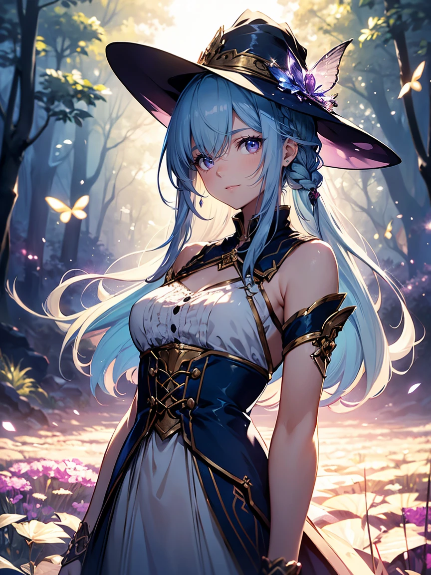 An adventurer with a delicate and beautiful face, eyes large, and the translucent skin is looking at a field, charmingly dressed in a glamorous brown mage dress with white trim and wearing a large wizard hat with blue hair in two braids. A smooth, warm light surrounds the adventurer. The background is filled with soft, out-of-focus light, and the light blue and purple tones create a dreamy environment, serene, and charming atmosphere. Fireflies shining in the moonlit night surround the princess, adding to the magical and ethereal atmosphere. Emphasis on the armpit and clavicle