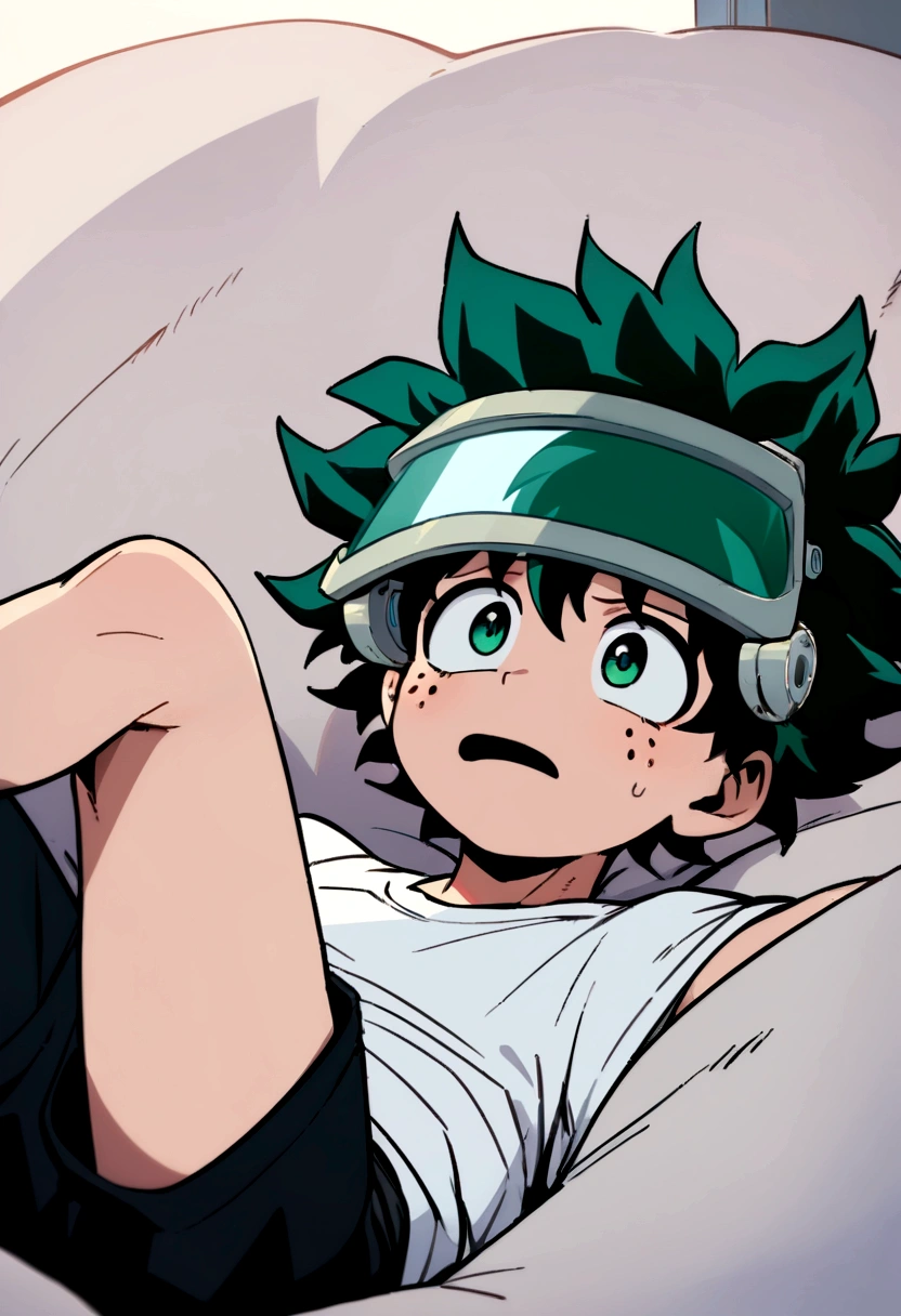 (masterpiece, best quality:1.2), solo, male focus, 1boy, midoriya izuku, short green hair, green eyes, white t-shirt, black shorts, green domed helmet with transparent visor over eyes, mind control device, blank expression, mouth hanging open, sitting in bean bag, anime style, my hero academia style, view from angle,