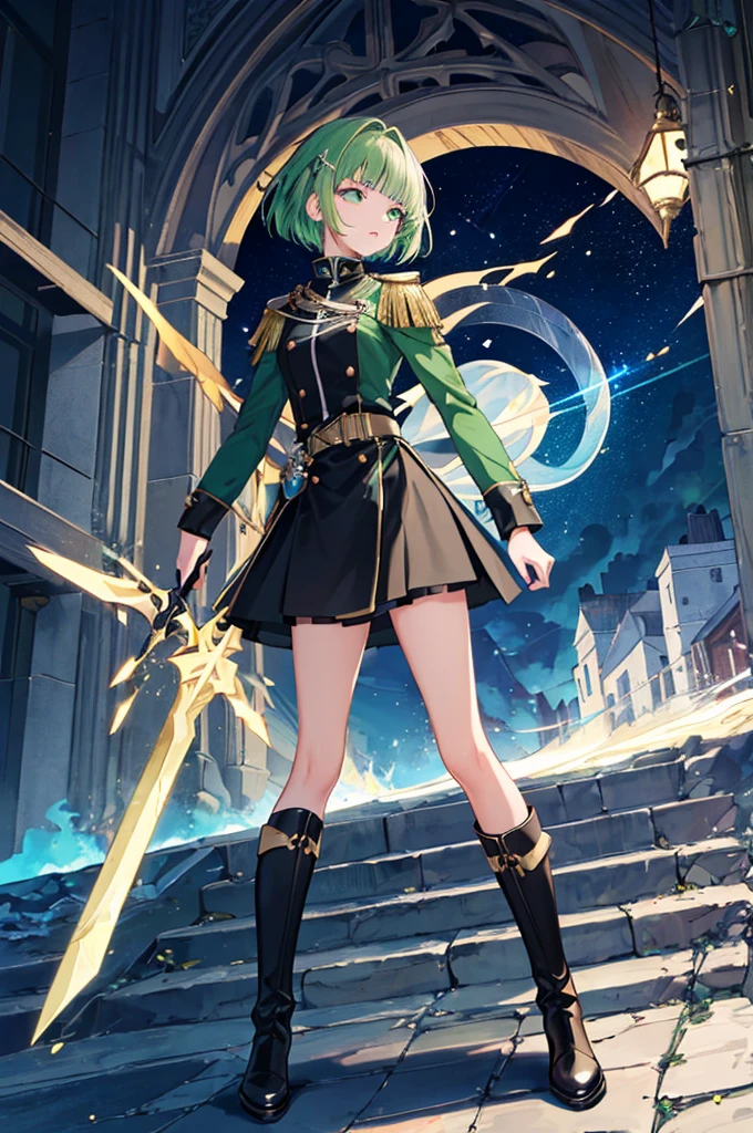 [(with a cathedral background:1.4)::5],original,(shape:1.1),(highest quality),(Tabletop:1.1),(Highly detailed CG Unity 8k wallpaper:1.1), (colorful:0.9),(Mid Shot:0.95),(very detailed beautiful whole body),Dynamic Angle,(alone:1.2), (girl),(((Adult))), (Beautiful eyes in every detail:1.15), (Beautiful Face:1.15), (Glowing green eyes:1.25////),(Gemstone Eyes),(Green Short Hair),(Blunt bangs),((The girl wear a black knight uniform)),Realistic,, girl,Green Hair,((Black long boots)), Black mini skirt,Black knee socks(rage),(Contempt and contempt),rage,(beautiful slender girl),((Adult)),((whole body)),Valkyrie, Decorations,((Thin legs)),((slender girl)),Front Angle,Front Angle,
