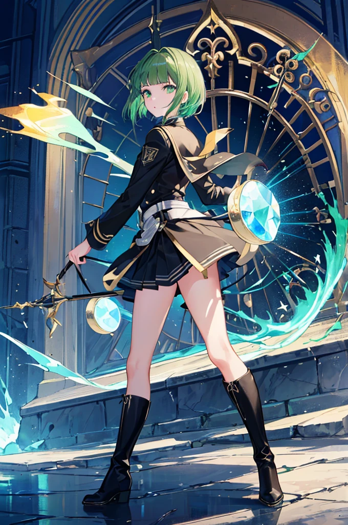 [(with a cathedral background:1.4)::5],original,(shape:1.1),(highest quality),(Tabletop:1.1),(Highly detailed CG Unity 8k wallpaper:1.1), (colorful:0.9),(Mid Shot:0.95),(very detailed beautiful whole body),Dynamic Angle,(alone:1.2), (girl),(((Adult))), (Beautiful eyes in every detail:1.15), (Beautiful Face:1.15), (Glowing green eyes:1.25////),(Gemstone Eyes),(Green Short Hair),(Blunt bangs),((The girl wear a black knight uniform)),Realistic,, girl,Green Hair,((Black long boots)), Black mini skirt,Black knee socks(rage),(Contempt and contempt),rage,(beautiful slender girl),((Adult)),((whole body)),Valkyrie, Decorations,((Thin legs)),((slender girl)),Front Angle,Front Angle,