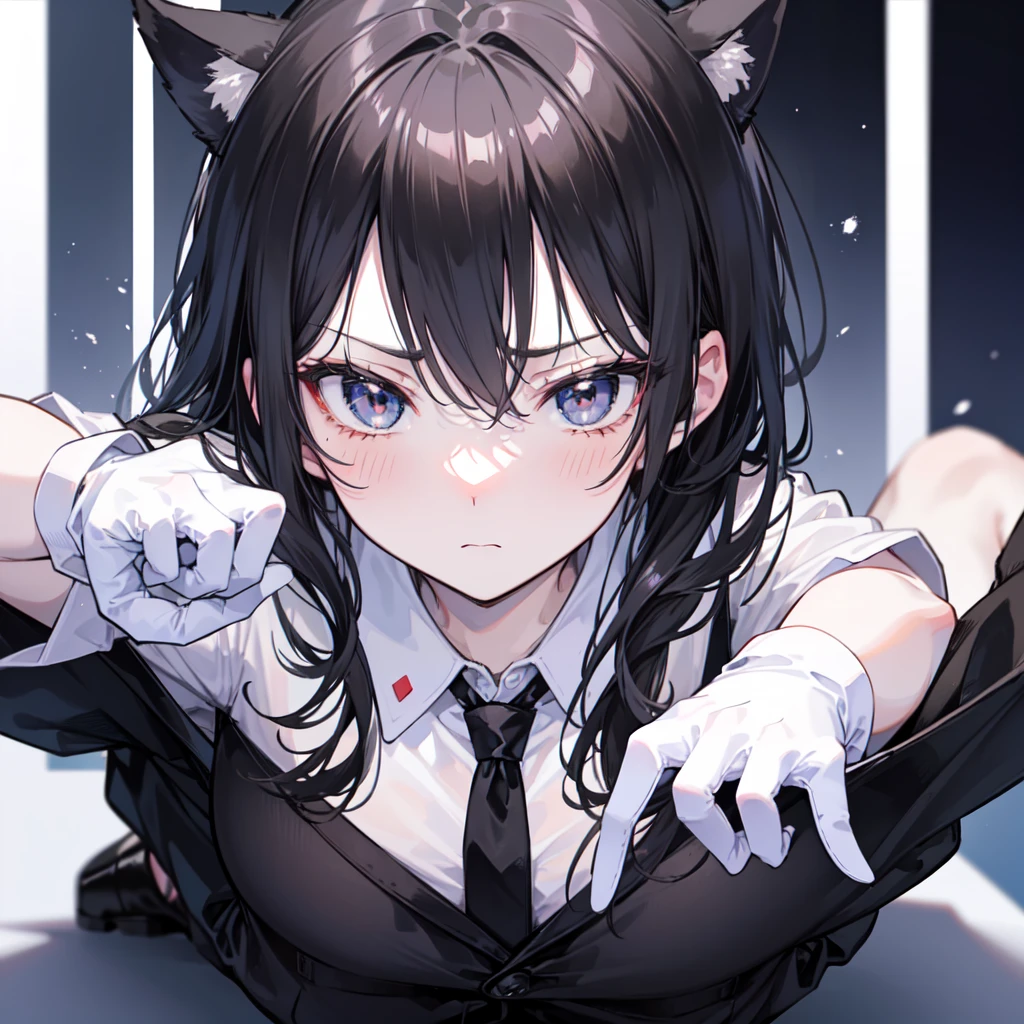 18-year-old Shota,Very white skin,cute,Wear a white long-sleeved shirt and a black work tie,Wear black pants,Wear black booties,Wear white gloves,wear cat ear,Black hair,Black eyes,Handsome,Disdainful and cold expression,shy,blush,porn,Close-up photo