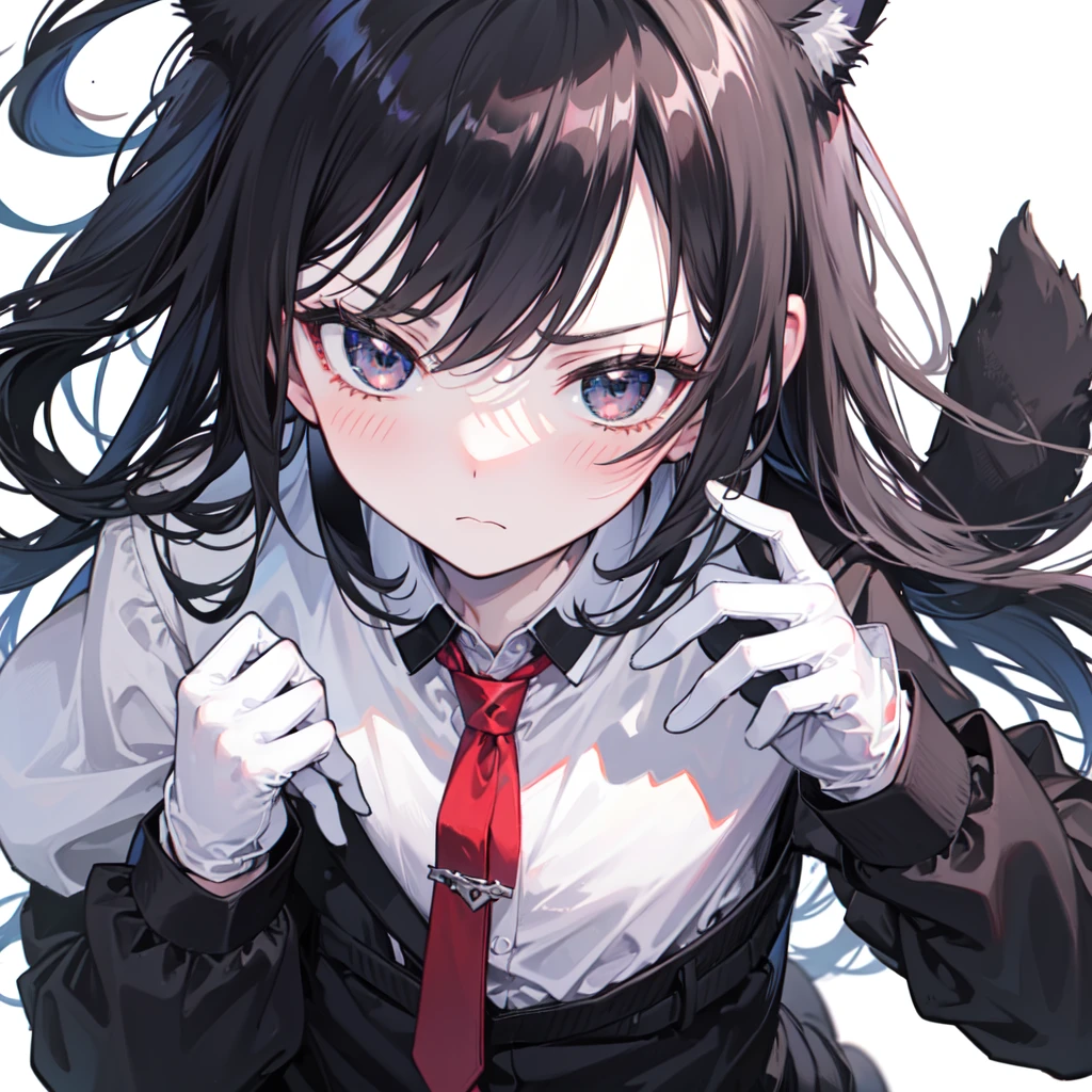 18-year-old Shota，Very white skin，cute，Wear a white long-sleeved shirt and a black work tie，Wear black pants，Wear black booties，Wear white gloves，wear cat ear，Black hair，Black eyes，Handsome，Disdainful and cold expression，shy，blush，porn，Close-up photo