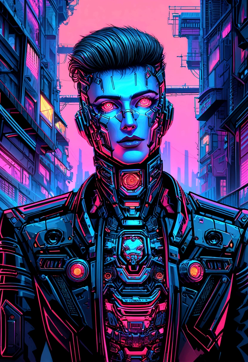 Create a futuristic Cyberpunk themed illustration featuring a shirtless man with cybernetic arms. Let his chest and arms be adorned with brightly illuminated tattoos in neon shades of blue, purple and pink. He's wearing black cargo pants peppered with neon details. His entire head and face are covered with a futuristic LED Techwear helmet, making him an enigmatic figure. Capture the gritty and high-tech nuances of the cyberpunk aesthetic.