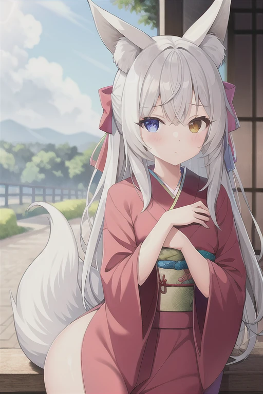 young girl with long grey hair, heterochromia 1 red eye and 1 grey eye, dressed in a kimono with a fox tail and fox ears