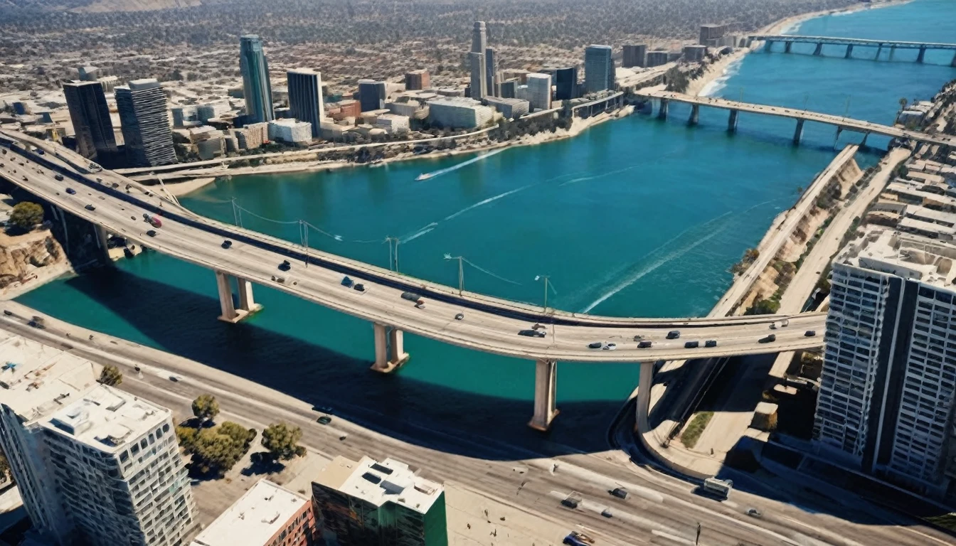 high angle view from above Los Angeles, California in 3060. The dysoptian city is divided by a river into two parts, futuristic cyberpunk styled megacity bridges connect the two parts, different styled buildings along the riverside. The crashing blue waters create white-tipped waves while the sun illuminates the shore. The futuristic high tech Los Angeles city with many skyscrapers and bridges, bustling city with intricate details and photorealistic materials.Consistent structure of the buildings, static environment, volumetric lighting, best shadows. Photorealistic Reflections on the water, realistic splashing waves, real water surface. This is a view that captures the raw beauty of the coast and the rugged landscape. Realism, Cinematic, Photoreal,natural lights, neutral colors, lomochrome, cool color tones, Panavision 70s movie styled in color, celluloid, uhd, hdr, 4k, 35mm film