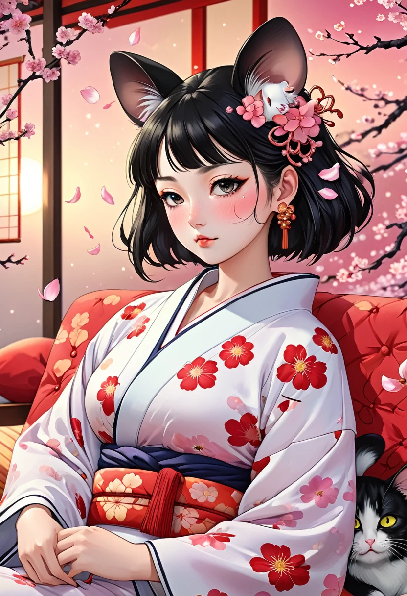 (utamaro style:1.2) , Hallucination, daydream , nightmare , Insane Dream , bokeh , erotica , romance , realistic mouse girl and realistic cat , kimono , futon , Petals fluttering down , Single eyelids, round nose, swollen cheeks