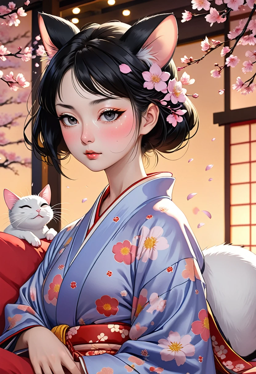 (utamaro style:1.2) , Hallucination, daydream , nightmare , Insane Dream , bokeh , erotica , romance , realistic mouse girl and realistic cat , kimono , futon , Petals fluttering down , Single eyelids, round nose, swollen cheeks