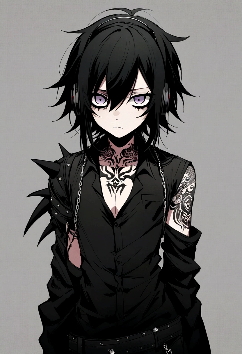 Anime style emo with short tousled hair, with a black dress shirt open at the chest and with tattoos, black pants with headphones on with spikes around them