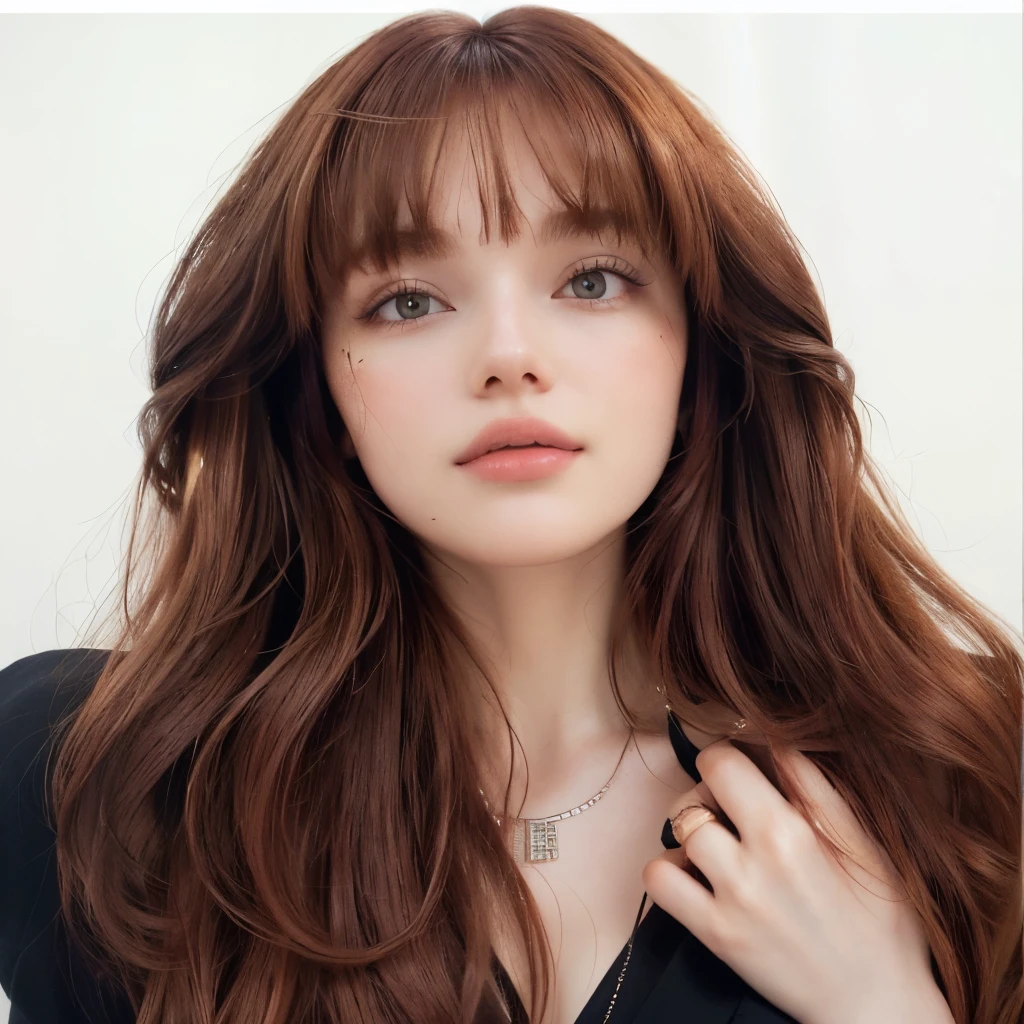 a closeup of a woman with long brown hair and a necklace, brown Long hair with bangs, pale skin suave natural, brown hair with bangs, round and smooth face, coral brown hair, long red brown hair, brown bangs, pale skin, smooth and impeccable, with round face, reddish brown hair, Long hair with bangs, straight hairstyle, pretty face with brown and red hair