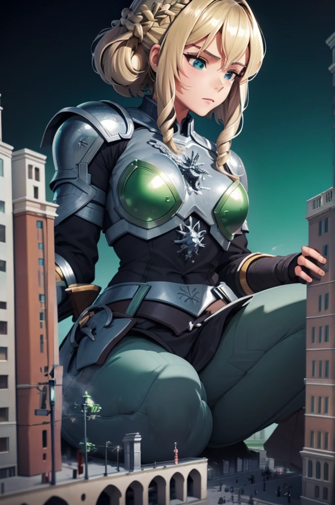 GtsGiga,knight,steel plated armor,green accents,muscalr,fair skin ton,giantess art,cityscape,Rampage, short hair,blonde,french braids,best quailty,masterpiece,mature meduim bosom,solo,1girl,dark knight