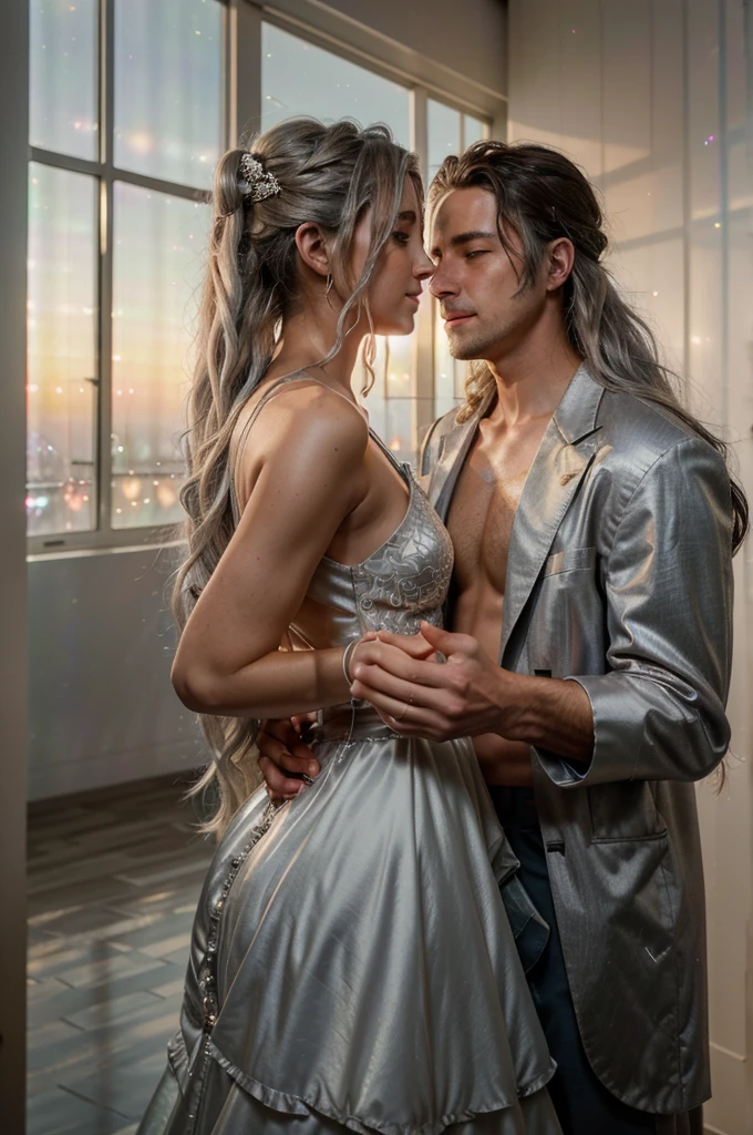 masterpiece, Best quality, masterpiece, Best quality, masterpiece, Best quality, masterpiece, Best quality, high quality, High detail, Ultra detail, HD, 4k, 4280x2240, depth field, (HDR:1.9), Correct anatomy, a masculine boy with short hair black hair abundant brown eyes with full wedding suit from groom to gentleman's suit and Palto flu pants and a girl with very long hair messy hair curly hair wavy hair (((silver hair))) high ponytail with yellow eyes in wedding dress, Dream wedding dress. love. Hand in hand looking at the New Year's sunset sunrise while kissing at church wedding with wedding rings on boy finger and wedding rings on girl finger and smiles, detail, ultra-detail, correct_position, correct_texture, correct_colors, correct_shading, correct_cgi, correct_body, correct_anatomy, correct_proportion, (correct_complete_body)