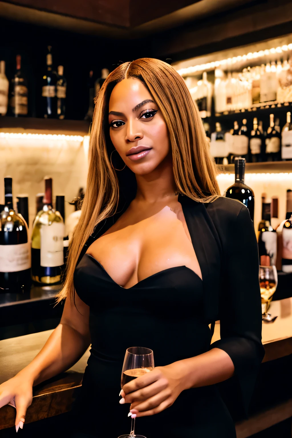 Singer Beyoncé in an evening dress black drinking wine in a bar