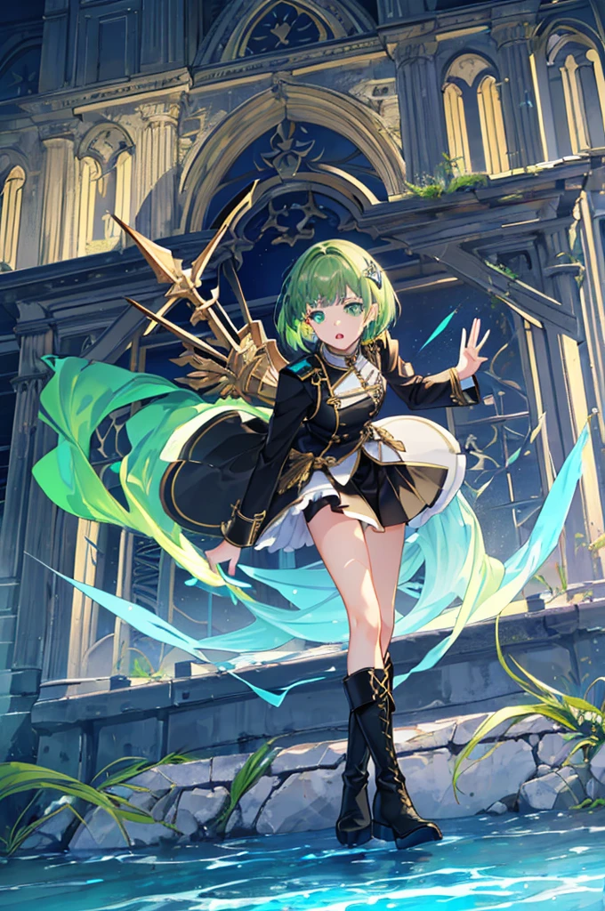 [(with a cathedral background:1.4)::5],original,(shape:1.1),(highest quality),(Tabletop:1.1),(Highly detailed CG Unity 8k wallpaper:1.1), (colorful:0.9),(Mid Shot:0.95),(very detailed beautiful whole body),Dynamic Angle,(alone:1.2), (girl),(((Adult))), (Beautiful eyes in every detail:1.15), (Beautiful Face:1.15), (Glowing green eyes:1.25////),(Gemstone Eyes),(Green Short Hair),(Blunt bangs),((The girl wear a black knight uniform)),Realistic,, girl,Green Hair,((Black long boots)), Black mini skirt,Black knee socks(rage),(Contempt and contempt),rage,(beautiful slender girl),((Adult)),((whole body)),Valkyrie, Decorations,((Thin legs)),((slender girl)),Front Angle,Front Angle,