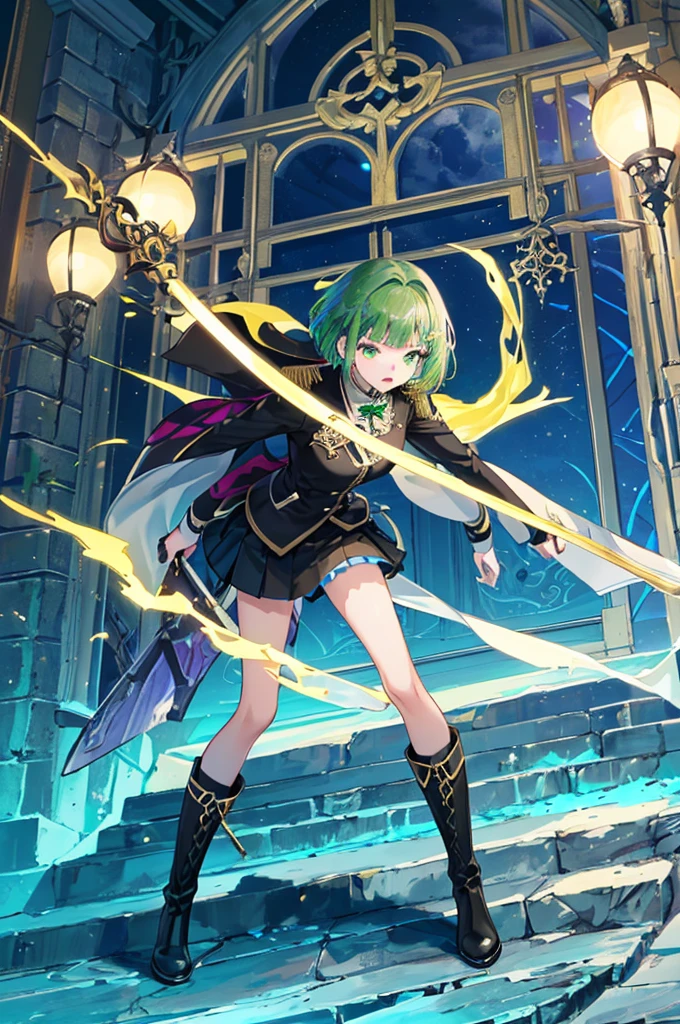 [(with a cathedral background:1.4)::5],original,(shape:1.1),(highest quality),(Tabletop:1.1),(Highly detailed CG Unity 8k wallpaper:1.1), (colorful:0.9),(Mid Shot:0.95),(very detailed beautiful whole body),Dynamic Angle,(alone:1.2), (girl),(((Adult))), (Beautiful eyes in every detail:1.15), (Beautiful Face:1.15), (Glowing green eyes:1.25////),(Gemstone Eyes),(Green Short Hair),(Blunt bangs),((The girl wear a black knight uniform)),Realistic,, girl,Green Hair,((Black long boots)), Black mini skirt,Black knee socks(rage),(Contempt and contempt),rage,(beautiful slender girl),((Adult)),((whole body)),Valkyrie, Decorations,((Thin legs)),((slender girl)),Front Angle,Front Angle,